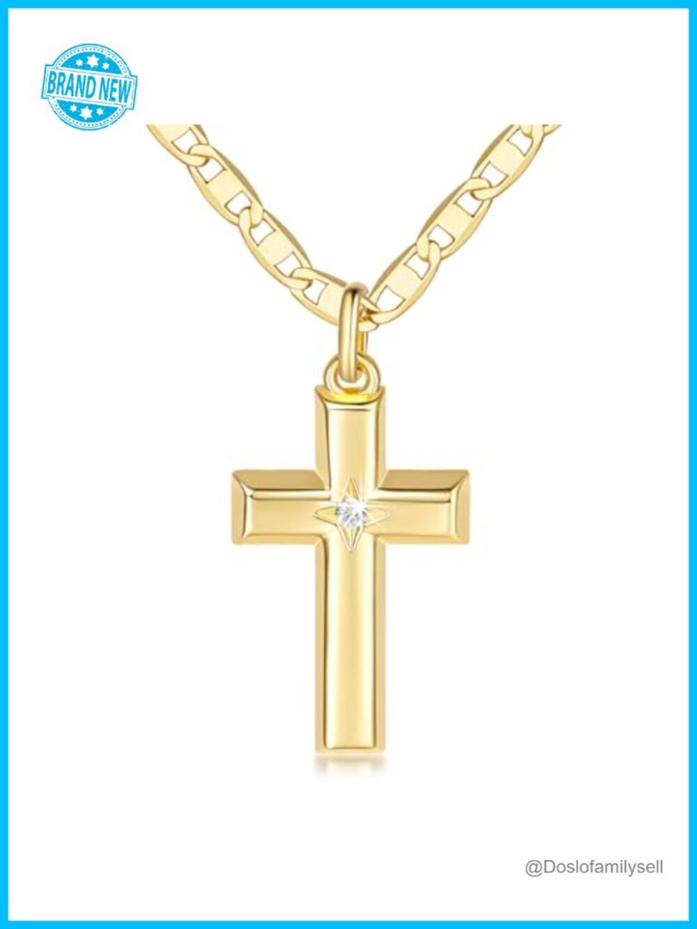 14k Gold Plated Cross Necklace CZ Pendant Mariner Chain